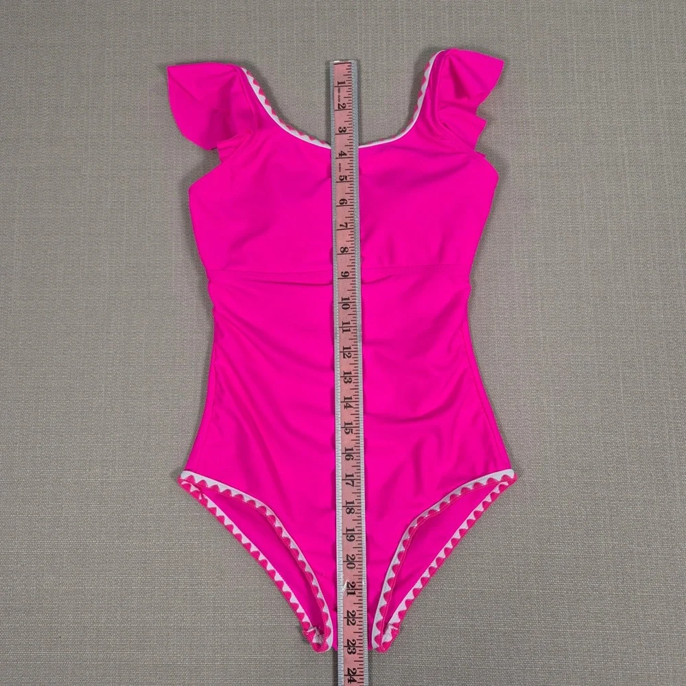 Girls Pink Ruffle One Piece Swimsuit Ric Rac Trim Size 11-12Y